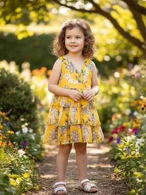 Girls Yellow Floral Tiered Sundress Sleeveless V-Neck Summer Garden Party Dress
